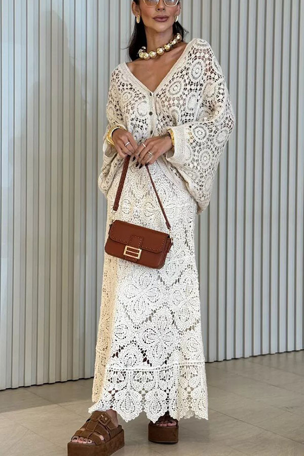 Anina Knit Crochet Cutout Button Up Batwing Half Sleeve Loose Cover-up Top