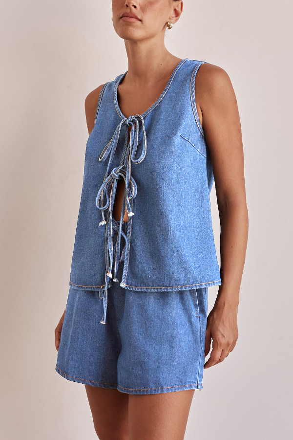 Stylish Sleeveless Round Neck Tie-up Casual Denim Vest
