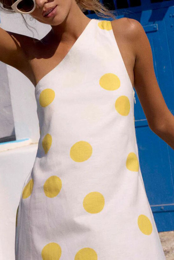 Sunlight Shines Linen Blend Colorblock Polka Dot Print One Shoulder A-line Maxi Dress-consonak