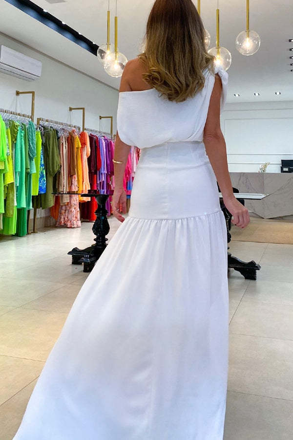 Midnight Chances One Shoulder Ruched Detail Slit Party Maxi Dress-consonak