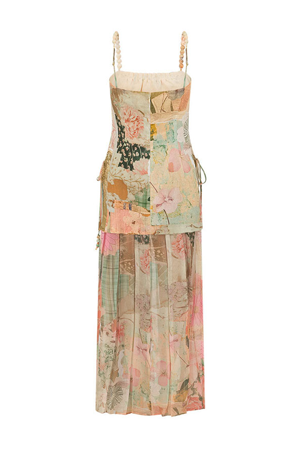 Catalana Linen Blend Artistic Printed Bead Detail Pleated Hem Maxi Dress-consonak