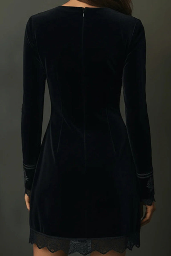 Fashionable Velvet V-neck Long-sleeved Lace-trimmed Mini Dress-consonak