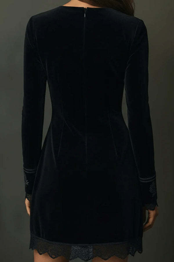 Fashionable Velvet V-neck Long-sleeved Lace-trimmed Mini Dress-consonak