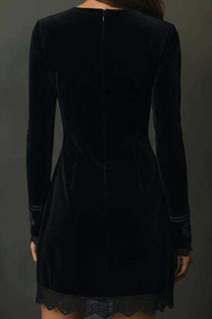Fashionable Velvet V-neck Long-sleeved Lace-trimmed Mini Dress-consonak
