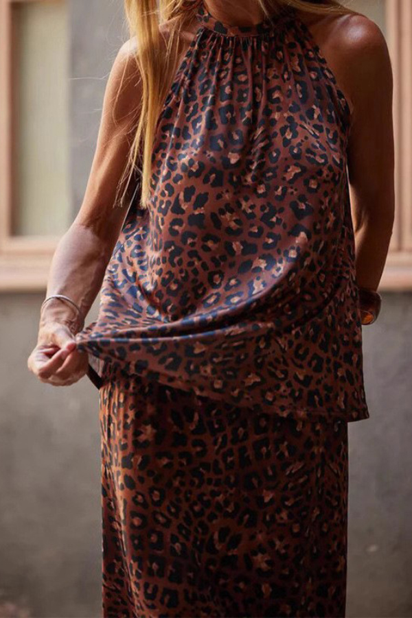 Leopard Print Sleeveless Loose Top and Casual Maxi Skirt Set-consonak