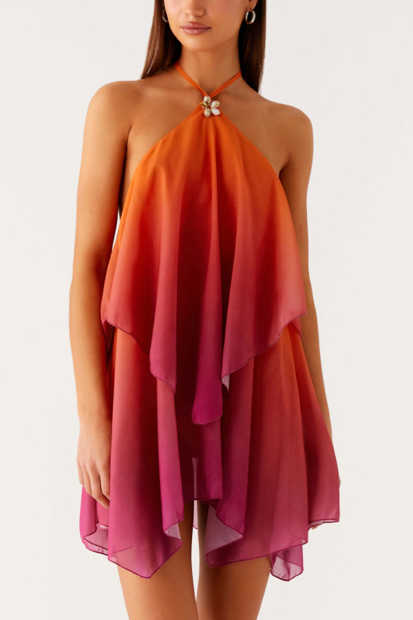 Fashionable Gradient Halter Neck Loose Backless Mini Dress-consonak