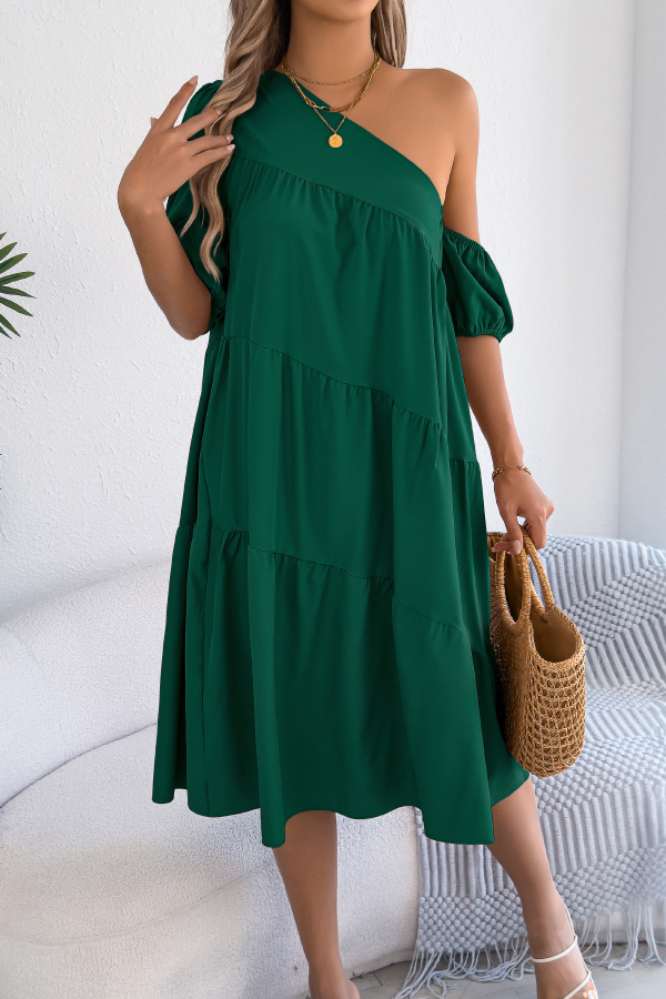 Solid Color Loose Slash Neck Short-sleeved Casual Midi Dress-consonak