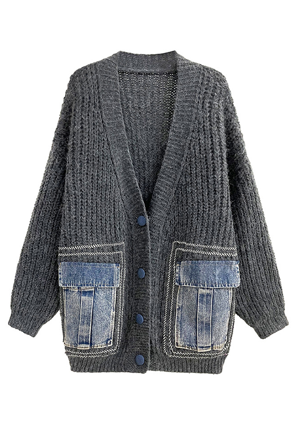 Fashionable Loose Spliced ​​denim Pocket Knitted Sweater Cardigan-consonak