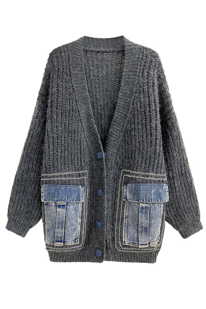 Fashionable Loose Spliced ​​denim Pocket Knitted Sweater Cardigan-consonak