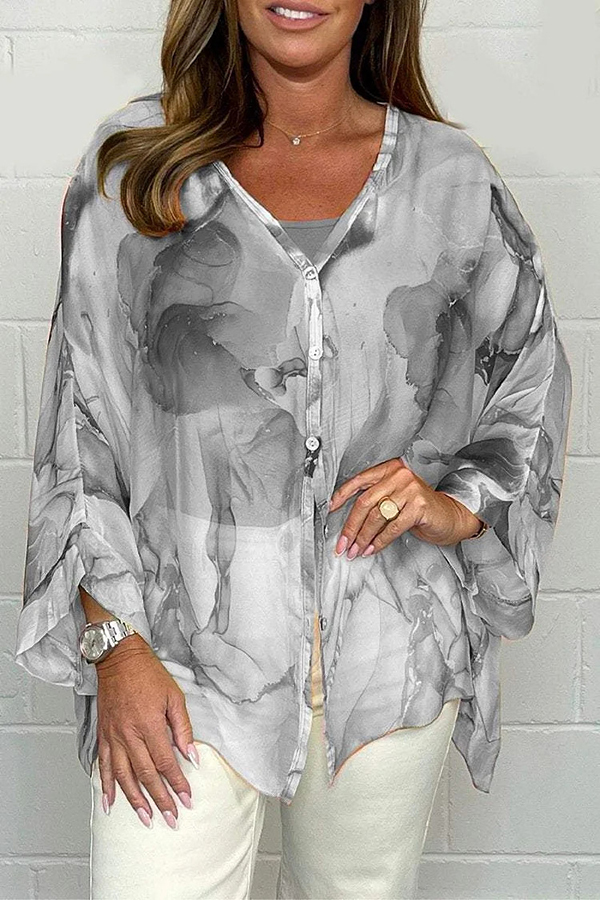Unique Printed Long Sleeve V-neck Chiffon Loose Shirt-consonak