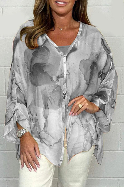 Unique Printed Long Sleeve V-neck Chiffon Loose Shirt-consonak