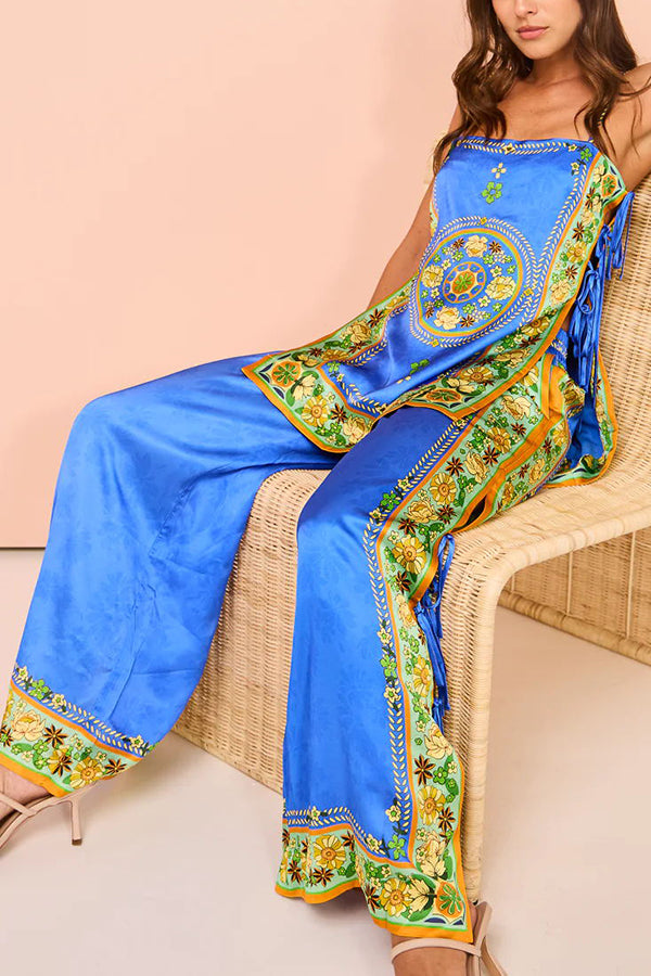 Nara Satin Unique Print Side Lace-up Tank and Elastic Waist Pocketed Wide Leg Pants Set-consonak
