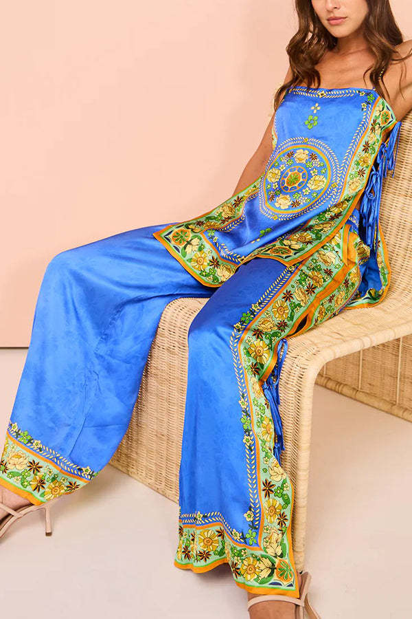 Nara Satin Unique Print Side Lace-up Tank and Elastic Waist Pocketed Wide Leg Pants Set-consonak
