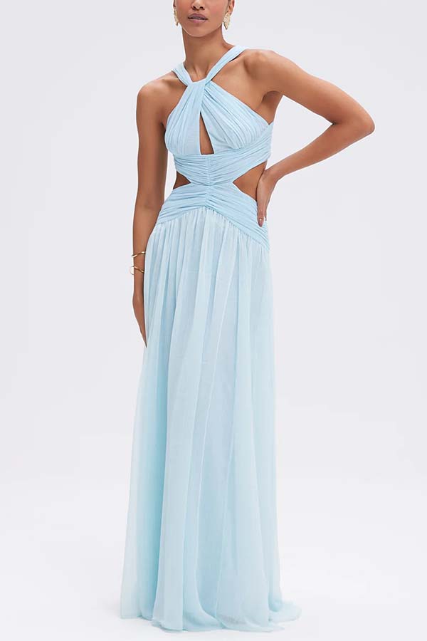 Graceful Modern Chiffon Twist Halter Neck Cutout Pleated Maxi Dress-consonak