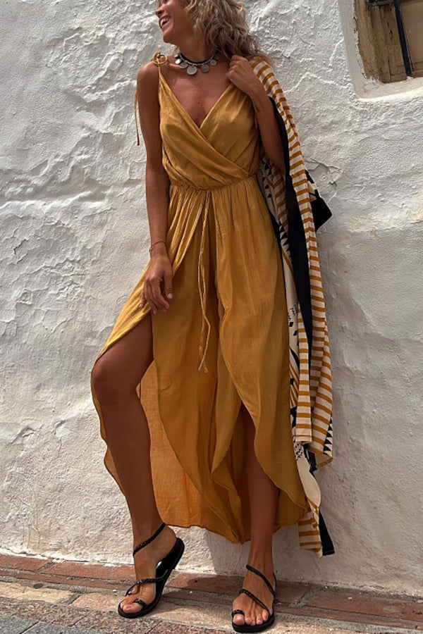 Shore Thing Babe Elastic Waist Slit Wide Leg Jumpsuit-consonak