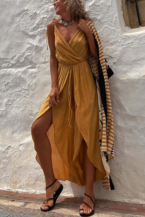 Shore Thing Babe Elastic Waist Slit Wide Leg Jumpsuit-consonak