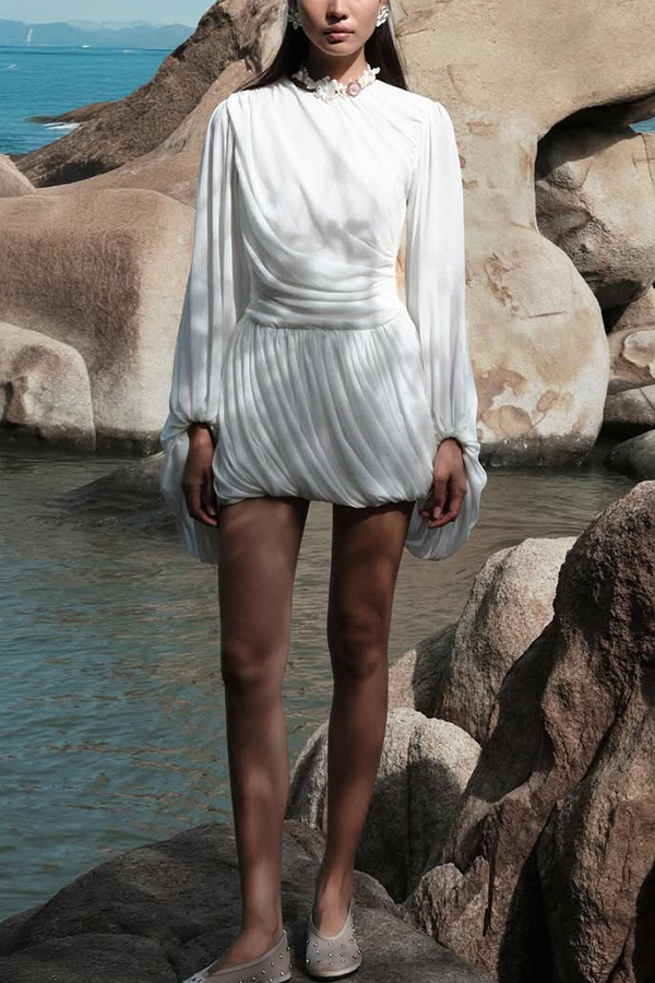 Solid Color Round Neck Lantern Long Sleeve Pleated Casual Mini Dress-consonak