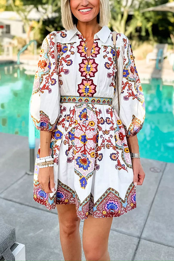 Fun and Vibrant Linen Blend Unique Print Puff Sleeve Pocketed Shirt Mini Dress-consonak