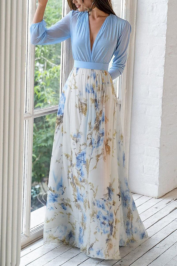 Plant Print V-neck Long Sleeve Elegant Stitching Maxi Dress-consonak
