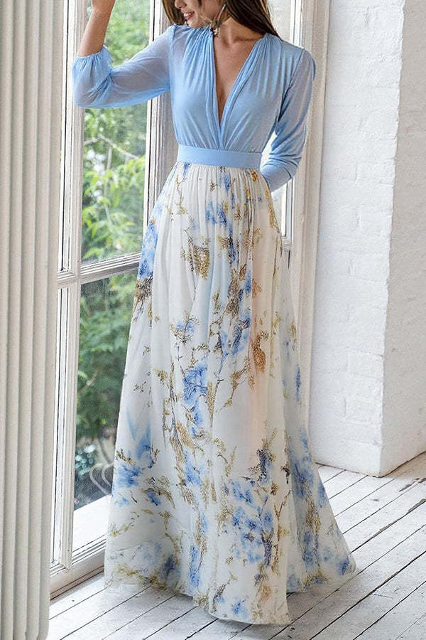 Plant Print V-neck Long Sleeve Elegant Stitching Maxi Dress-consonak