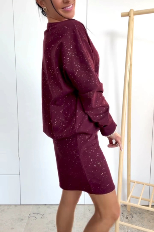 Solid Color Sparkly Round Neck Long Sleeve Casual Mini Dress