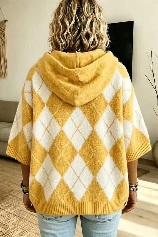 Comfortable and Casual Knit Color-blocked Plaid Print Half Sleeve Hoodie Sweater-Consonak