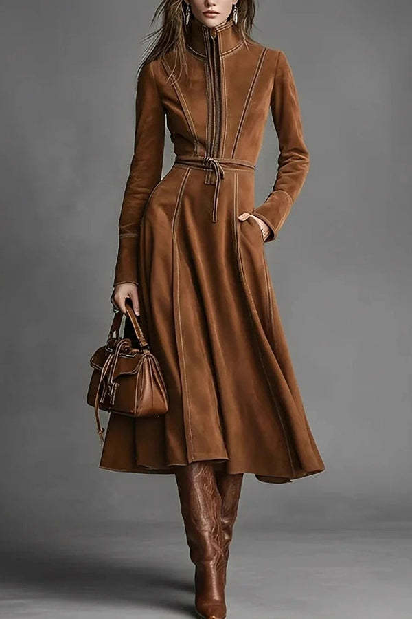 Stylish Suede Long-sleeved Fitted Waist Belted Midi Dress-consonak