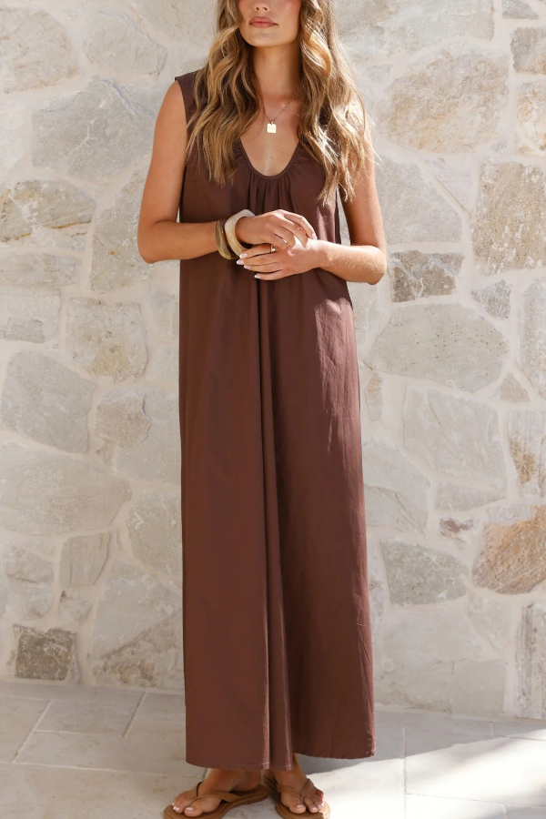 Solid Color Loose Sleeveless Casual Vacation Maxi Dress-consonak
