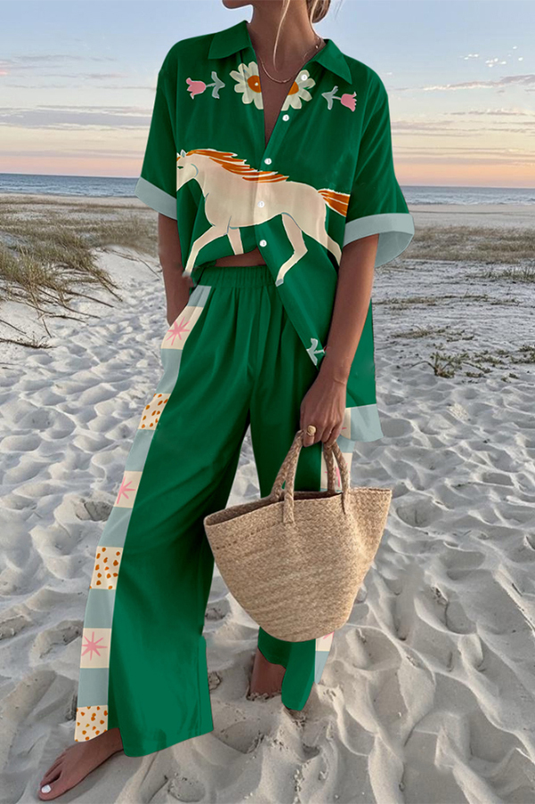 White Horse Print Oversized Shirt and Elastic Waist Pocket Pants Set-consonak