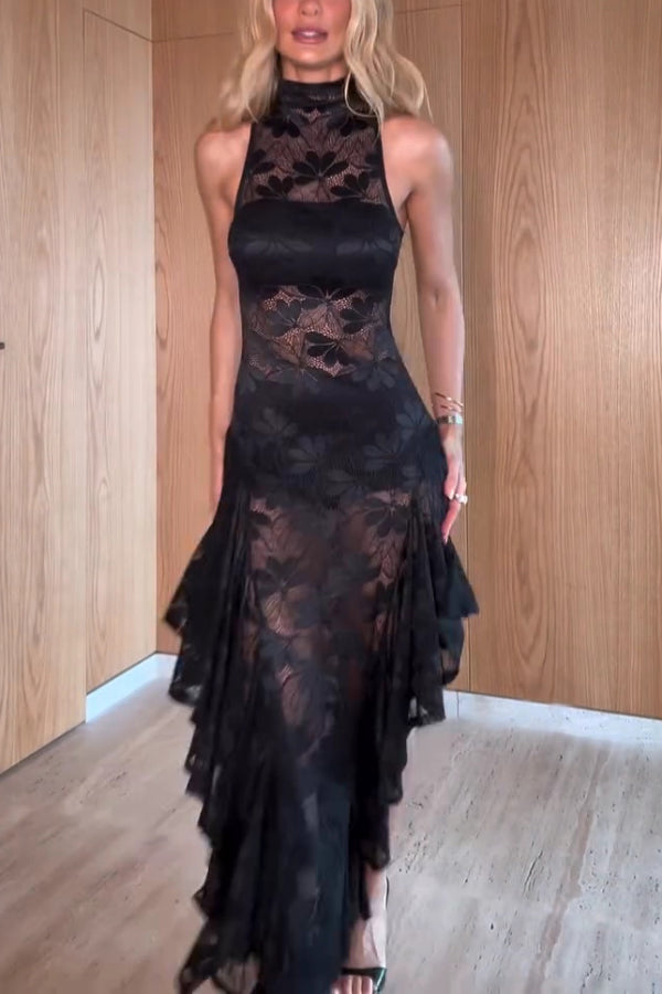 Fashionable Sheer Lace Sleeveless Fitted Ruffled Irregular Midi Dress
