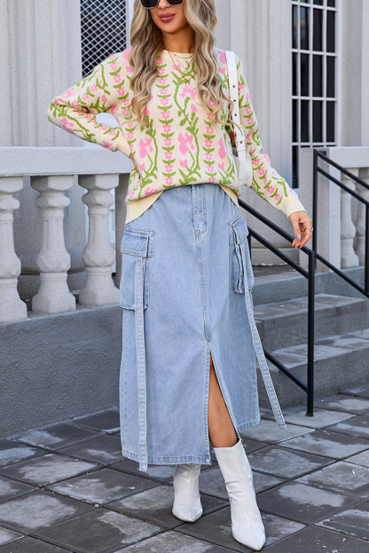 Fashionable Floral Knitted Crew Neck Casual Sweater-consonak