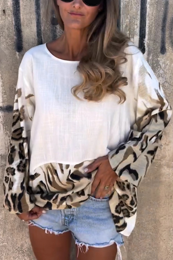 Leopard Print Loose-fitting Round Neck Long-sleeved Casual Top-consonak