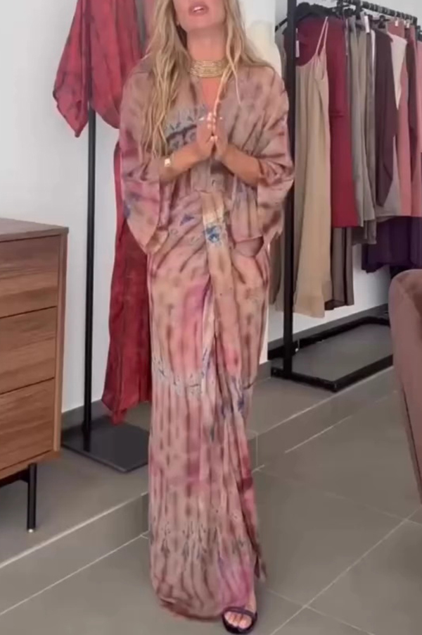 Unique Printed V-neck High-waisted Loose-fitting Holiday Maxi Dress-consonak