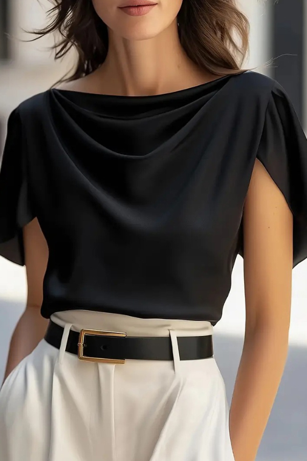 Solid Color Satin Drape Casual Loose Short-sleeved Top | Consonak