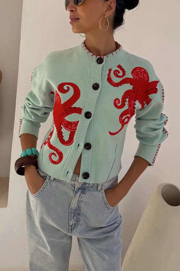 Coastal Fashion Knit Octopus Graphic Contrast Piping Button Up Loose Cardigan | Consonak