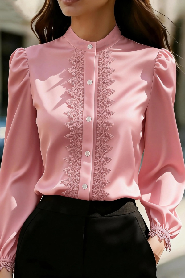 Solid Color Satin Lace Patchwork Casual Long-sleeved Shirt | Consonak