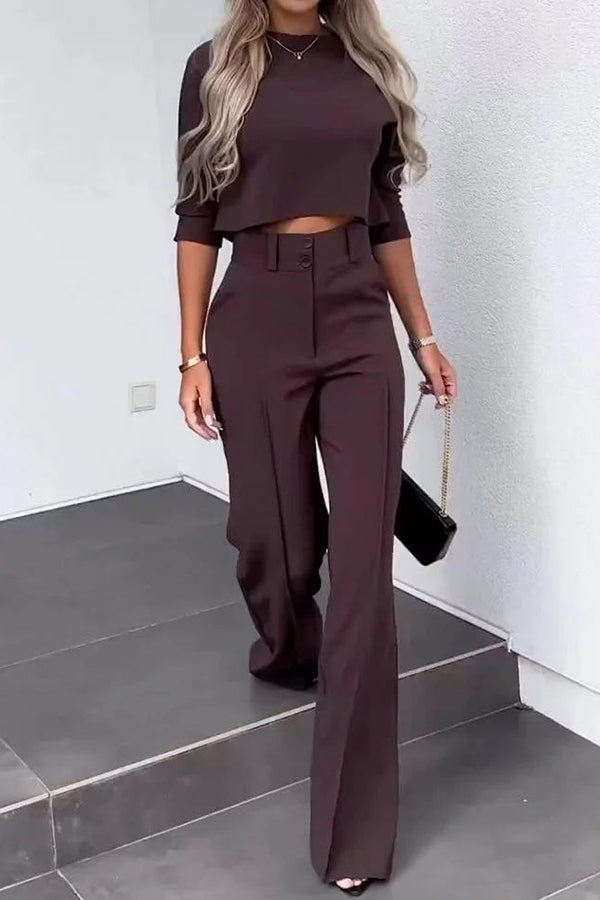 Luisa High Neck Half Sleeve Crop Top and High Rise Pocketed Flare Pants Set | Consonak