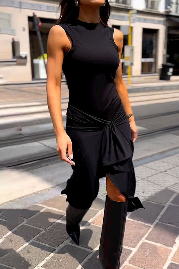 Zella Round Neck Sleeveless Tie Waist Tank Midi Dress-consonak