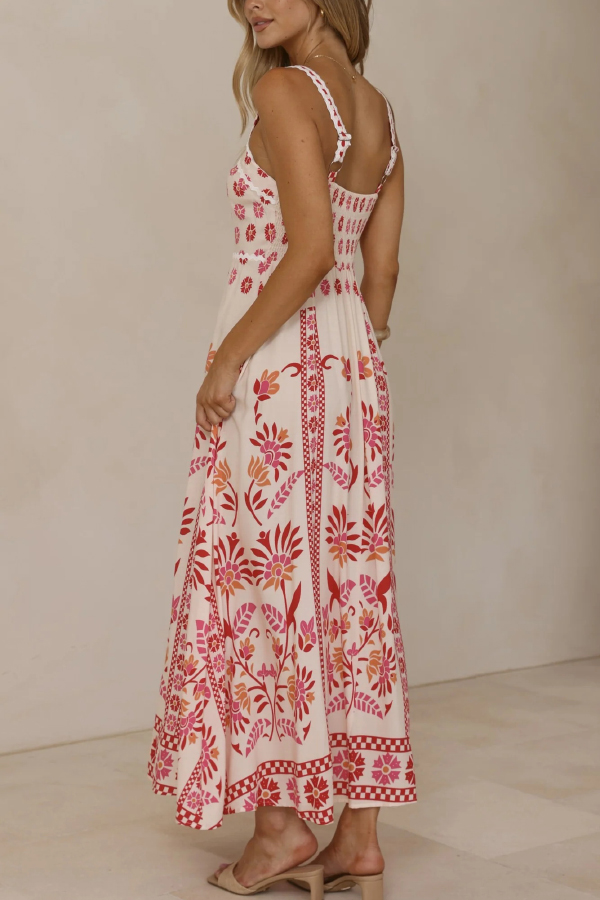 Floral Print Sleeveless Square Neck Casual Vacation Maxi Dress-consonak