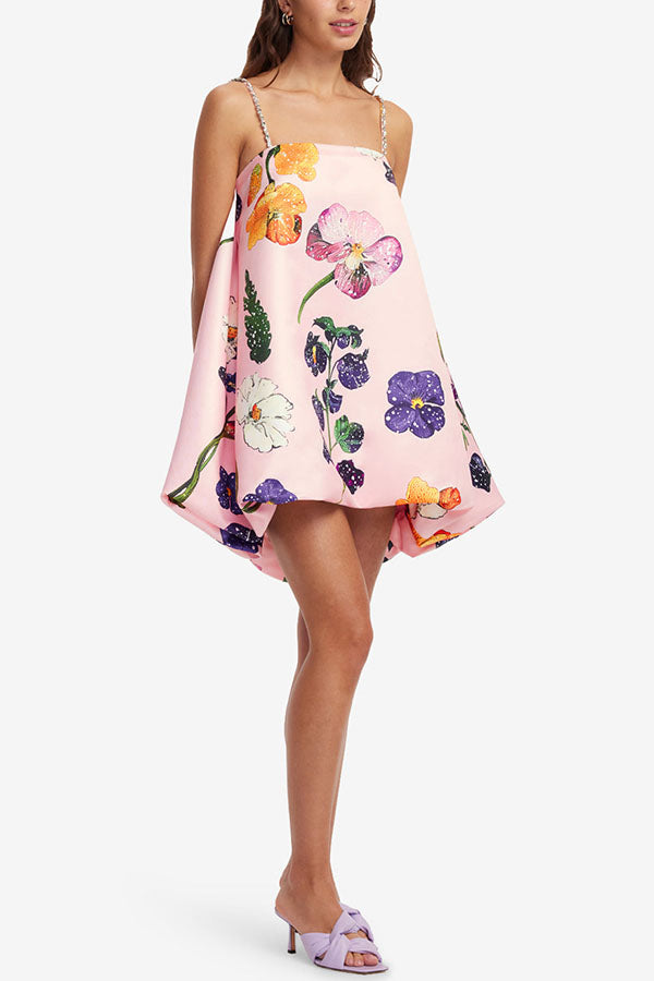 Whimsical Charm Wildflowers Print Embellished Shoulder Straps Bubble Hem A-line Mini Dress-consonak