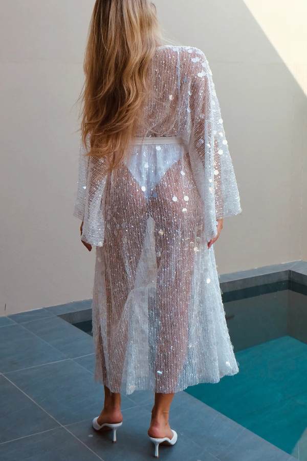 Fashionable Sequined Loose Long-sleeved Tie-front Holiday Casual Cover-up