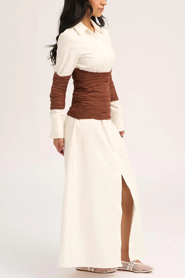 Fashionable Pleated Contrast Patchwork Waist Long Sleeve Button Shirt Maxi Dress-consonak