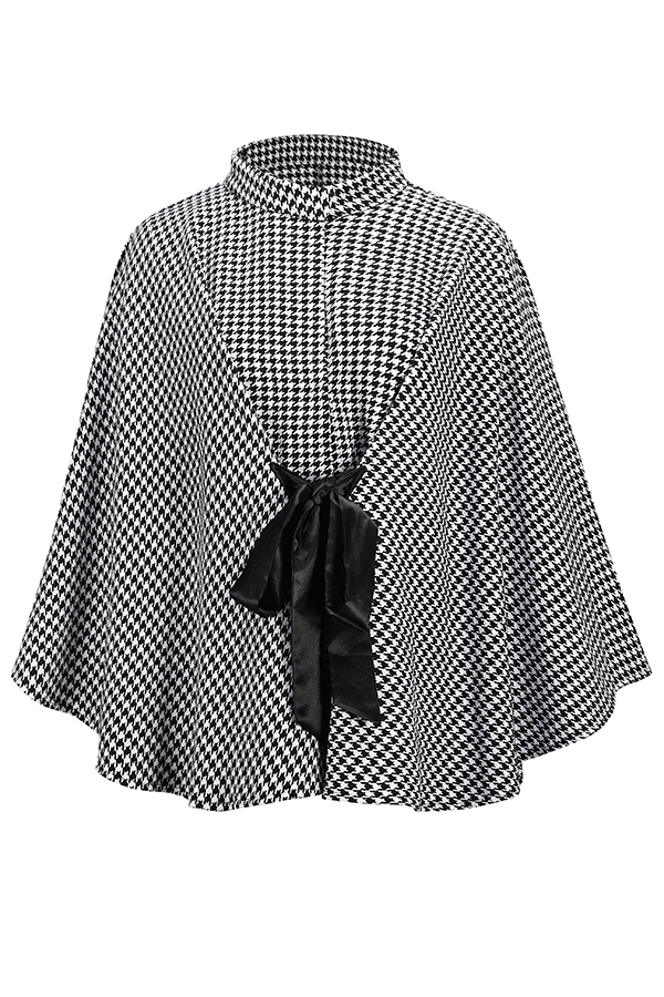 Stylish Houndstooth Loose Lace-up Cape-consonak