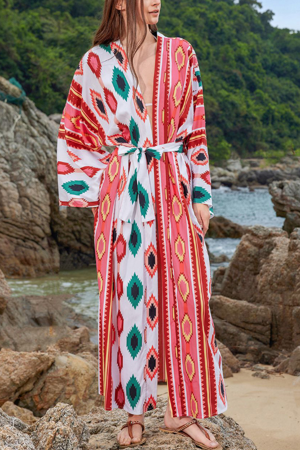 Unique Printed Loose Long-Sleeved Tie-Waist Holiday Extra-Long Cover-Up Robe-consonak