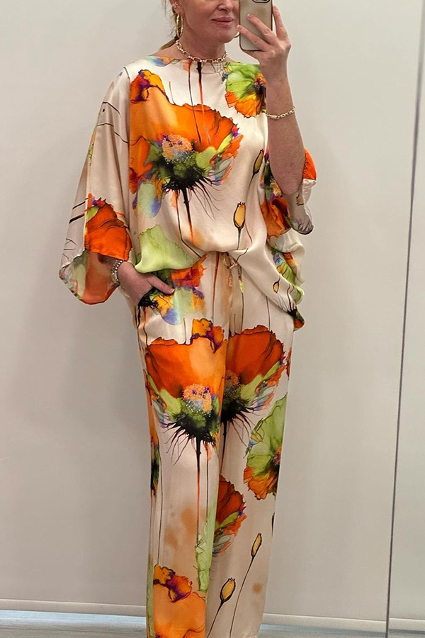 Satin Botanical Print Crew Neck Casual Top and Elastic Waist Loose Pocket Pants Set-consonak