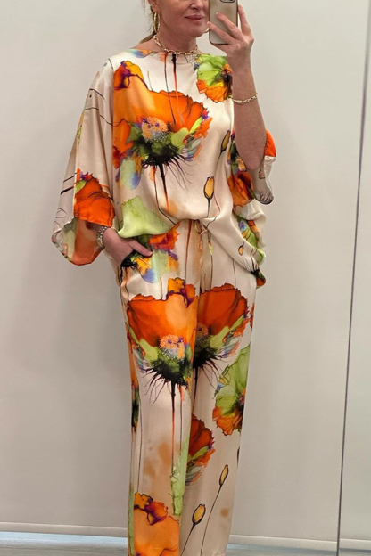 Satin Botanical Print Crew Neck Casual Top and Elastic Waist Loose Pocket Pants Set-consonak