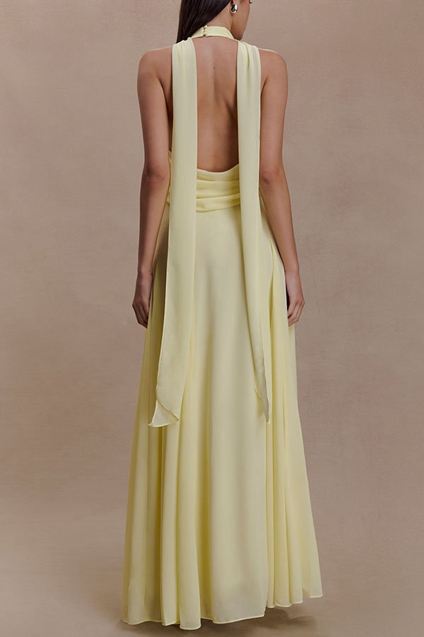 Santal Chiffon Detachable Halter Cowl Neck Scarf Floral Diamante Trims Maxi Dress-consonak