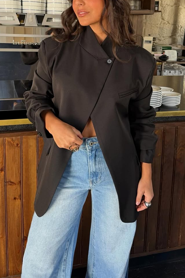 Timelessly Yours Stand Neck Single Button Long Sleeve Pocket Loose Blazer-consonak