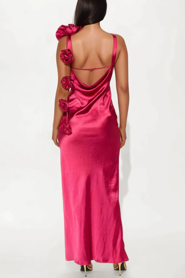 Satin Floral Embellishment Backless Elegant Slim-fit Maxi Dress-consonak