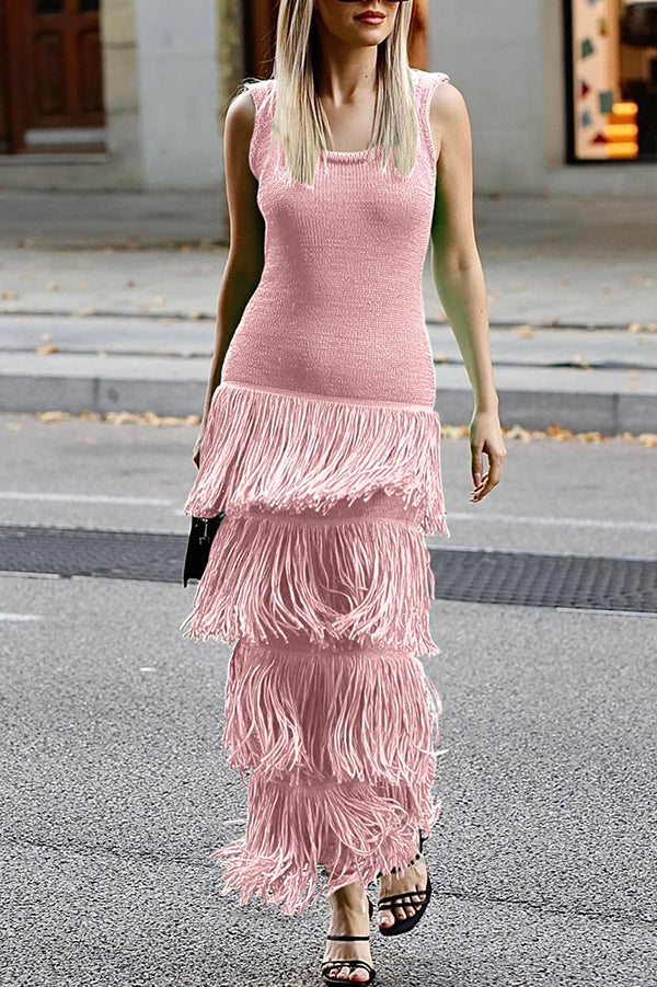 Solid Color Sleeveless Slim Fit Fringed Hem Knitted Midi Dress-consonak